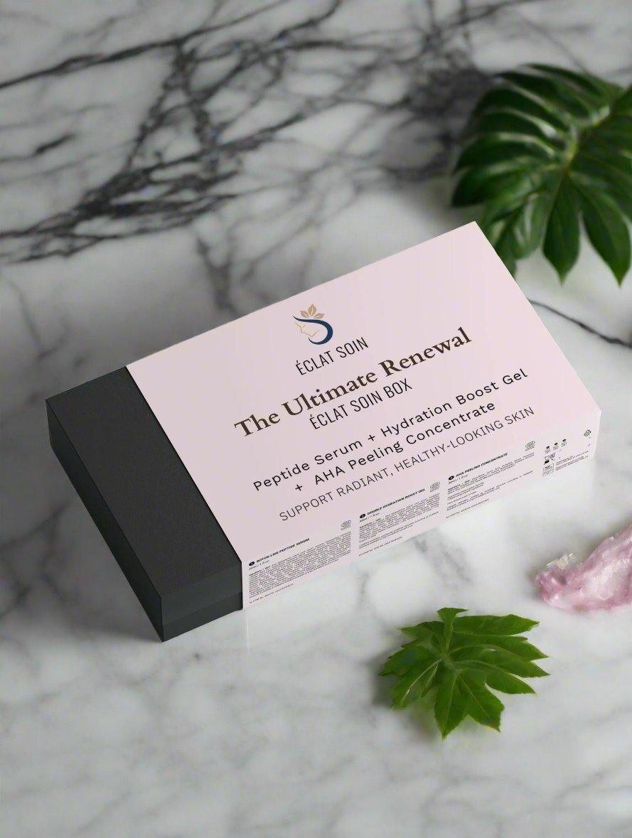 The Ultimate Renewal Skincare Collection Box by Eclat Soin featuring peptide serum and hydration boost gel